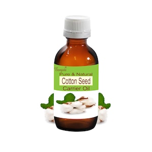 May include: A brown glass bottle with a white cap, labeled "Bangoia Pure & Natural Cotton Seed Carrier Oil". The bottle is surrounded by cotton bolls and green leaves.