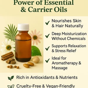 Op de afbeelding: Een bruine glazen fles met etherische olie met een witte dop. De fles is omringd door kaneelstokjes, noten en bloemen. De tekst op de afbeelding luidt "Bangota pure & natural oils" en "Discover the Natural Power of Essential & Carrier Oils". De afbeelding bevat ook een lijst met voordelen van het gebruik van etherische oli&euml;n, waaronder "Nourishes Skin & Hair Naturally", "Deep Moisturization Without Chemicals", "Supports Relaxation & Stress Relief", "Ideal for Aromatherapy & Massage", "Rich in Antioxidants & Nutrients" en "Cruelty-Free & Vegan-Friendly". De tekst onderaan de afbeelding luidt "Experience nature's essence in every drop with Bangota".