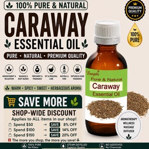 Puede incluir: Un frasco de vidrio marrón de aceite esencial de alcaravea Bangota con tapa blanca y etiqueta verde que muestra una imagen de semillas de alcaravea. El fondo muestra texto sobre el producto, incluyendo 100% puro, natural y calidad premium.