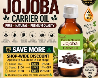 May include: A brown glass bottle of Bangota Jojoba Carrier Oil with a white cap. The label features the text Pure & Natural Jojoba Carrier Oil and an illustration of jojoba seeds. The background includes text about 100% pure quality and shop-wide discounts for spending $50, $100, or $150.