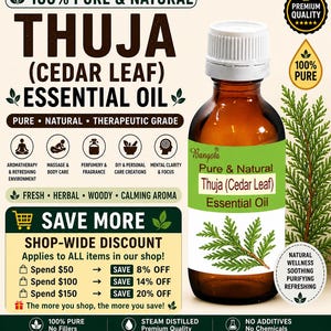 Op de afbeelding: Een bruine glazen fles Thuja (cederblad) essentiële olie met een witte dop en groen etiket. Het etiket bevat tekst en een illustratie van een cederblad. De afbeelding bevat ook tekst over de voordelen van het product en een winkelbrede korting.