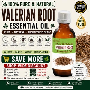 Óleo Essencial de Raiz de Valeriana Puro e Natural para Massagem Aromática, Relaxamento e Bem-Estar.