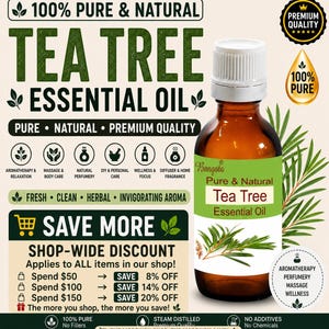 Tea Tree Essential Oil Pure Natural Melaleuca Alternifolia Aromatherapy Diffuser Massage