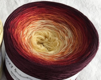 May include: A skein of yarn in a gradient of red, orange, yellow, and cream colors. The yarn is wound into a ball and the label reads "Light my Fire 200g Lauflänge ca 760m - 310m"