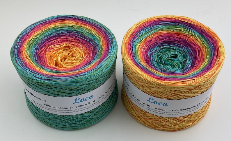 May include: Two skeins of colorful yarn, each in a different colorway. The yarn is called "Loco" and is 60% cotton and 40% bamboo. The skeins are 250g each and have a length of 950m.