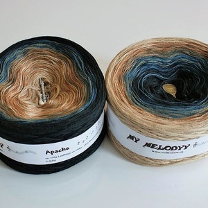 May include: Two skeins of yarn in a gradient color pattern. The skein on the left is black, blue, and beige. The skein on the right is beige, blue, and black. Both skeins have the label "My Melody" and the text "Apache" on the label.