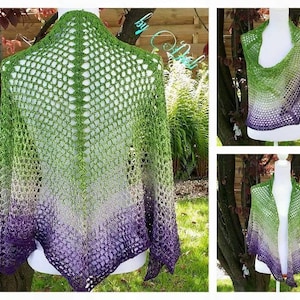 May include: A green and purple ombre crochet shawl with a lacy pattern. The shawl is draped over a white mannequin.