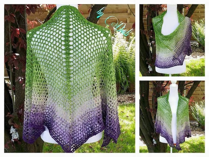 May include: A green and purple ombre crochet shawl with a lacy pattern. The shawl is draped over a white mannequin.