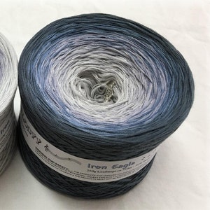 May include: A skein of blue, gray, and white ombre yarn with the label "Iron Eagle 250g Lauflaenge ca 750m" and a warning about safety.