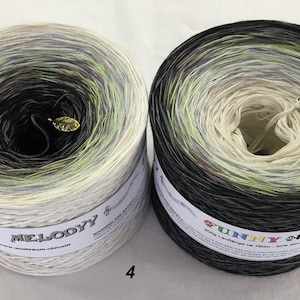 May include: Two skeins of yarn in a gradient of colors. One is labeled "MY MELODYY" and the other "FUNNY NO". The yarn colors transition from black to white, with shades of green and purple. Each skein has a small charm attached.