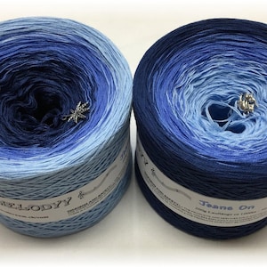 May include: Two skeins of ombre yarn in shades of blue. The skein on the left is labeled "Melody" and the skein on the right is labeled "Jeans On".