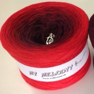 May include: A skein of red and burgundy ombre yarn with a white label that reads "My Melody" and a silver music note charm.