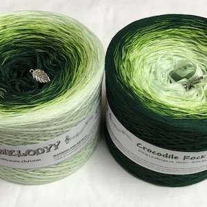 May include: Two skeins of green and white ombre yarn. The skeins are labeled "My Melody" and "Crocodile Rock".