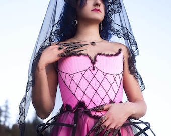 Couture 18th Century Black and Pink Satin Avant Garde Vampire Gothic Jewelled Wedding lace up corset