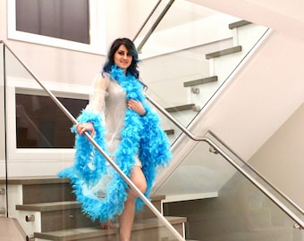 Blauw / Marabou veren badjas / Sexy / Luxe / Lang / Dressing Gown / Boudoir Robe / Fotoshoot / Zwangerschap / Bruidsmode
