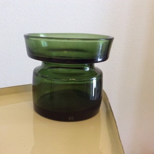 Vintage green glass candle holder; Dansk Design Candleholder, by Jens Harald Quistgaard; 1960s; Green Glass Vintage, Modern Mid Century