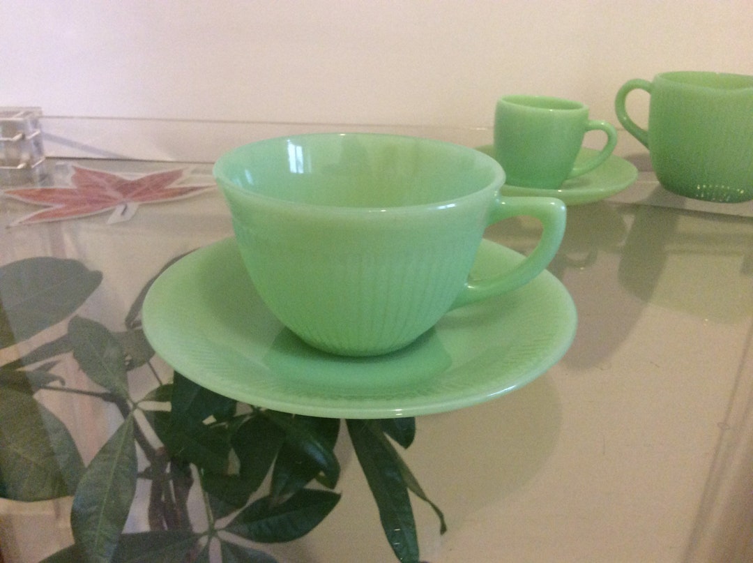 FIRE KING Jadeite Tea Cup and Saucer Jane Ray Pattern. Etsy Australia
