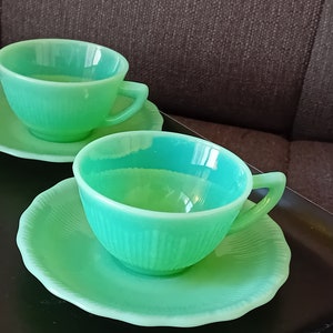 CLP - tea or coffee cup and saucer. Jadeite glass. Made in England. 1970
