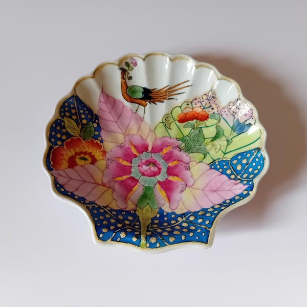 Vintage chinesische Muschelporzellanschale, Tabakblattmuster, handbemalt, Chinoiserie.
