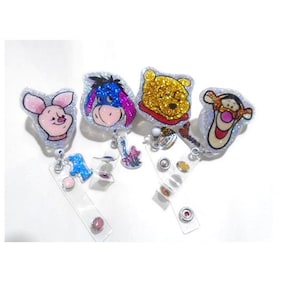 Winnie Pooh Friends ID Badge Reel: Glitter Acrylic Swivel Clip with Charm