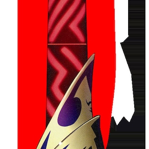 May include: A gold and blue sword with a red and black patterned blade. The sword has a decorative handle with a gold and blue design. The blade is inscribed with text.