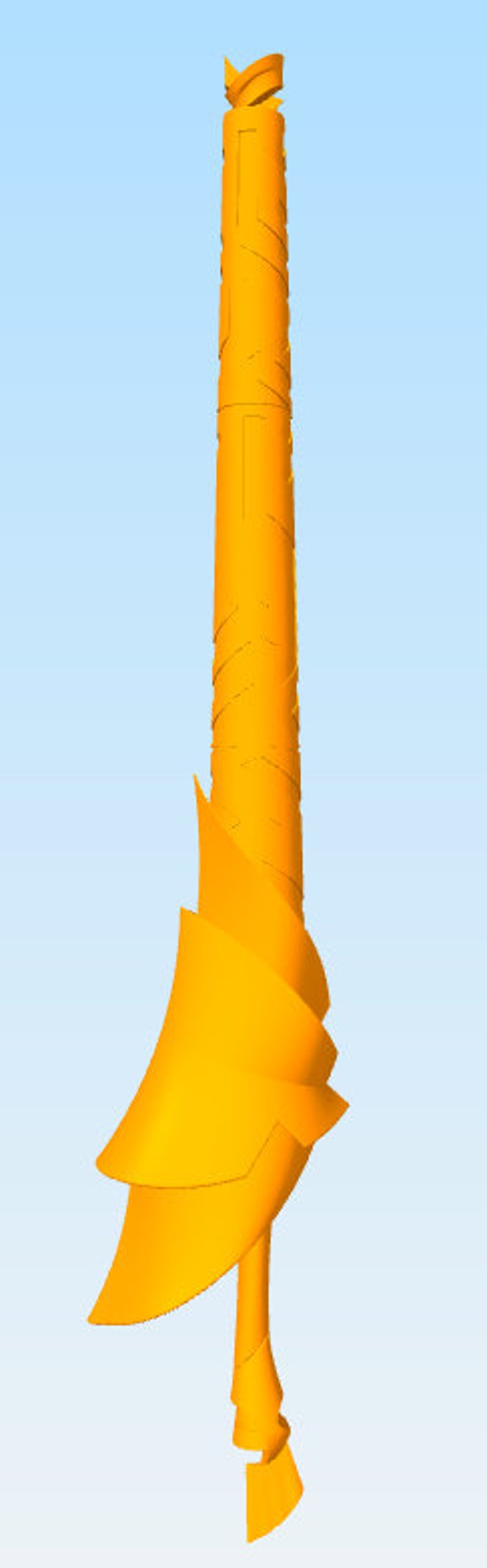 May include: A gold-colored sword with a decorative, intricate design. The sword has a long, straight blade and a curved handle.