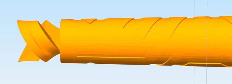 May include: A bright orange plastic drill bit with a spiral design. The drill bit has a pointed tip and a cylindrical body.