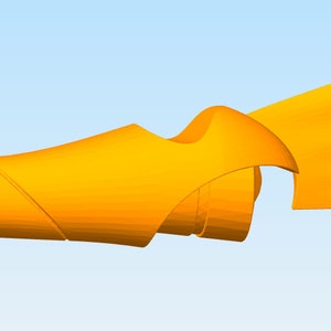 May include: A 3D printed abstract sculpture made of orange plastic. The sculpture is composed of multiple curved and twisted sections that connect to form a flowing, organic shape.