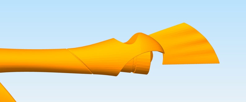 May include: A 3D printed abstract sculpture made of orange plastic. The sculpture is composed of multiple curved and twisted sections that connect to form a flowing, organic shape.