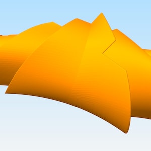 May include: A 3D printed model of a propeller with a spiral design. The propeller is made of orange plastic and has a smooth surface.