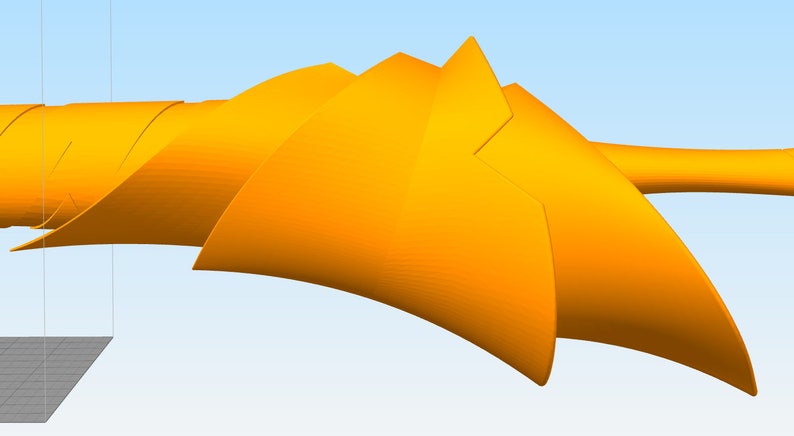 May include: A 3D printed model of a propeller with a spiral design. The propeller is made of orange plastic and has a smooth surface.