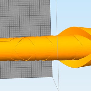 May include: A 3D printed orange model of a long, thin, spiraled object with a pointed tip. The object is designed with a series of grooves and ridges along its length.