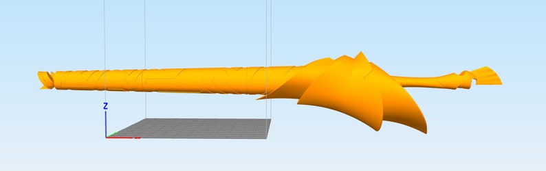 May include: A 3D printed model of a yellow, abstract, organic shape with a long, thin, cylindrical base. The shape is reminiscent of a stylized bird or a futuristic weapon.