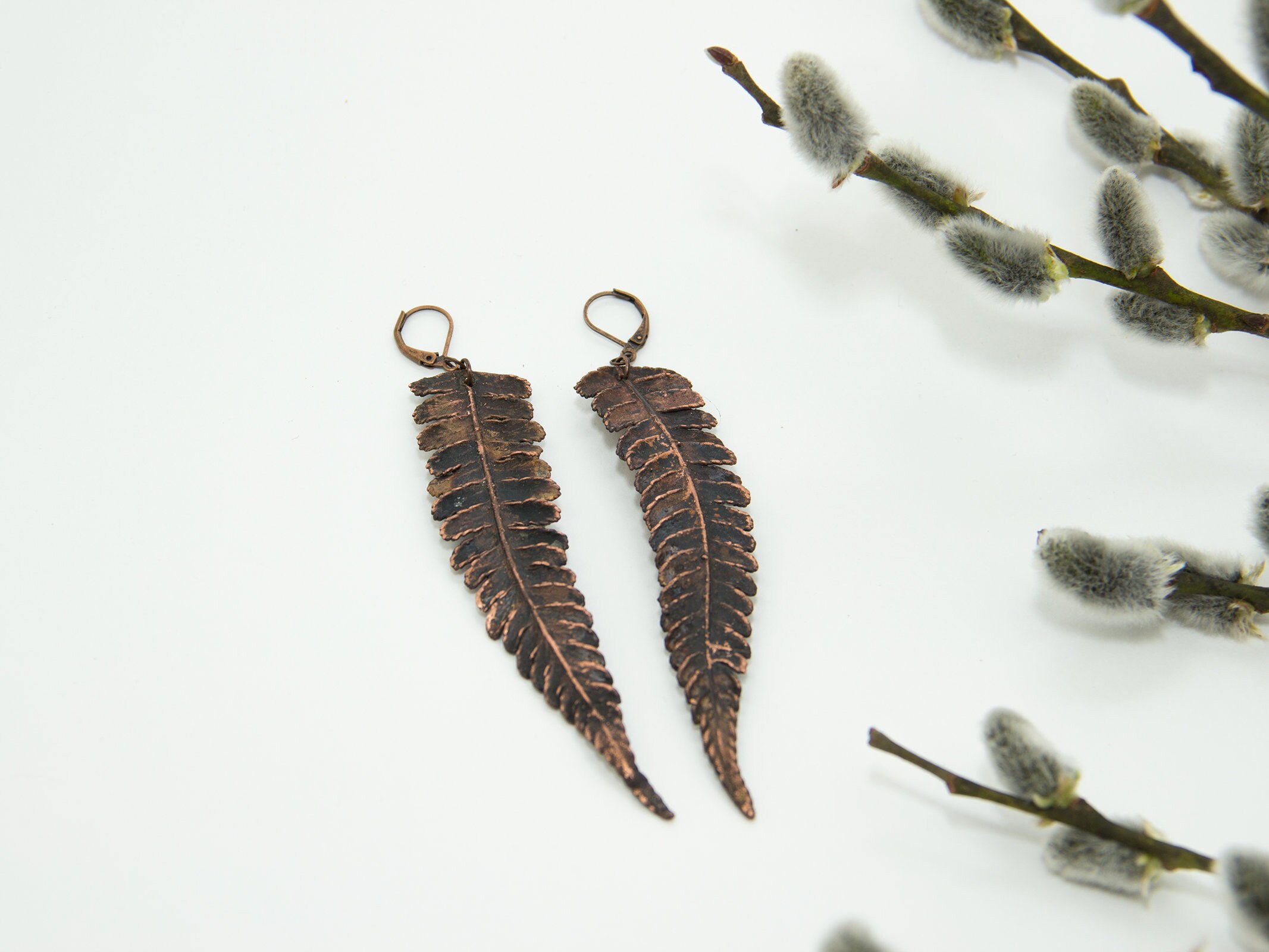 Fern earrings. Long copper fern leaf earrins metal earring Etsy
