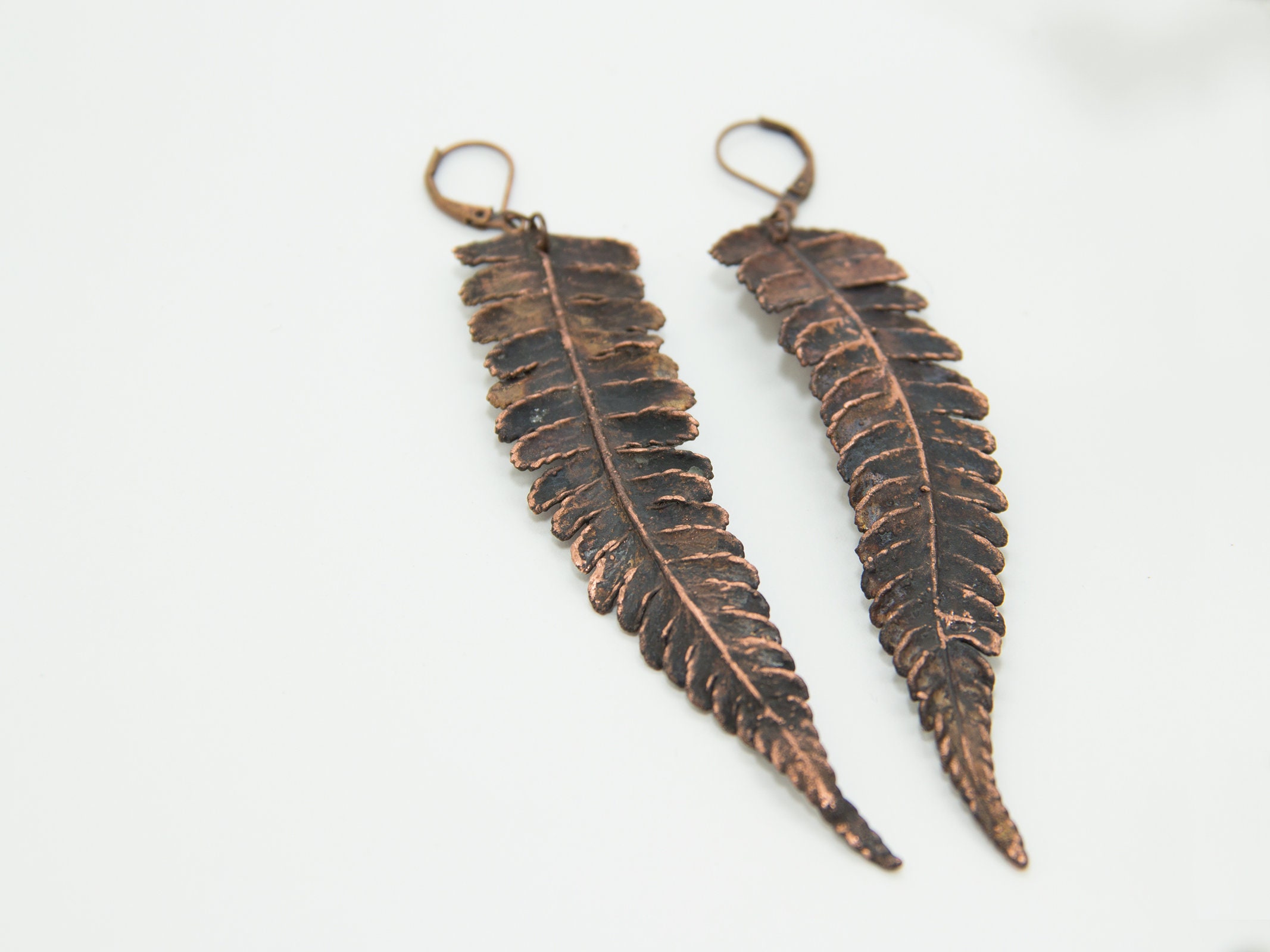 Fern earrings. Long copper fern leaf earrins metal earring Etsy