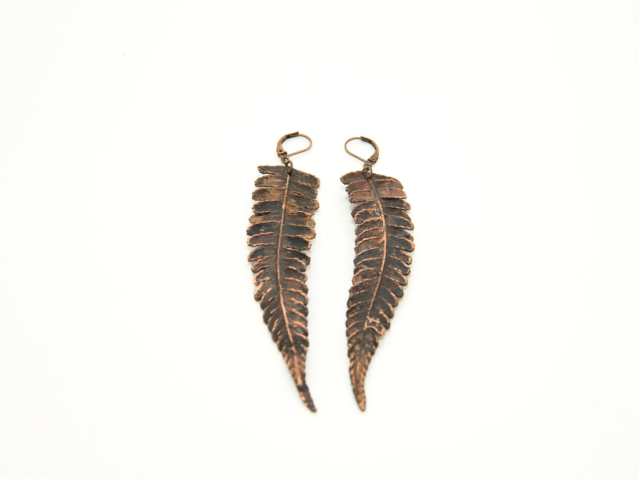 Fern earrings. Long copper fern leaf earrins metal earring Etsy