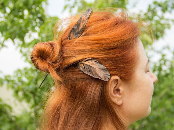 Metal Hair Stick Copper Feather Hair Pins Etsy