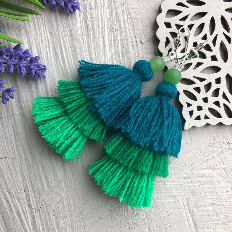 Grey Ombre Tassel Earrings Three Layered Tassels Blue Tiered Etsy