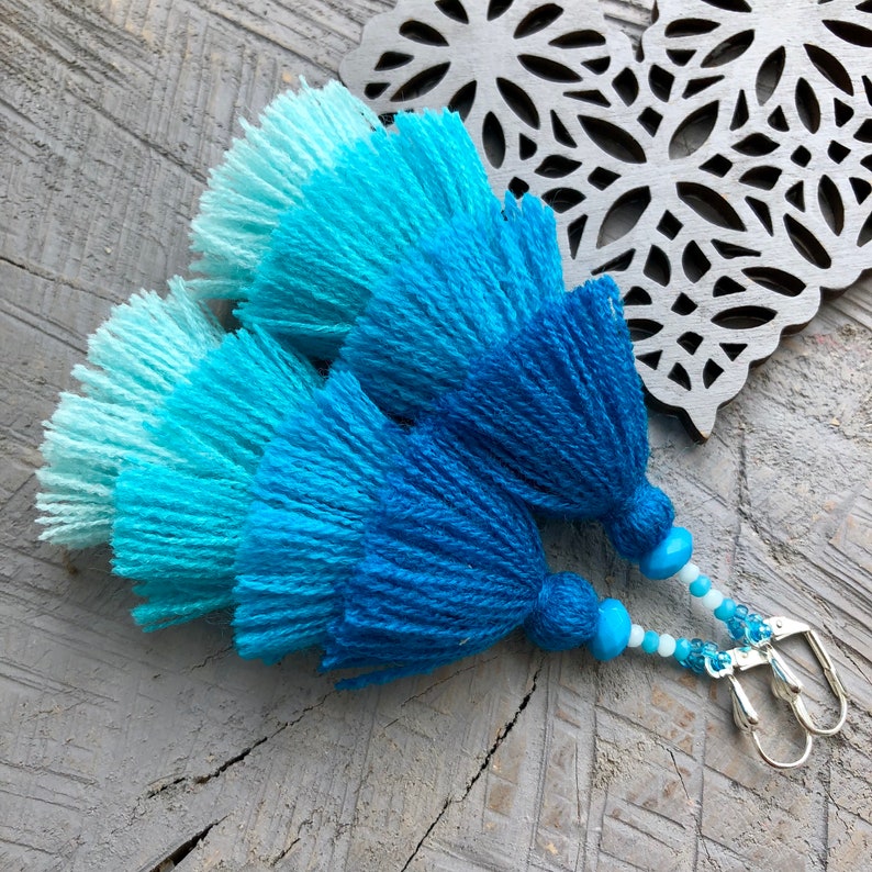 Blue ombre tassel earrings Macrame tiered earrings Green Etsy