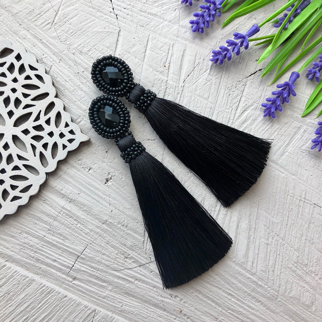 Black Long Tassel Earrings Beaded Silk Tassels Chandelier Boho Etsy