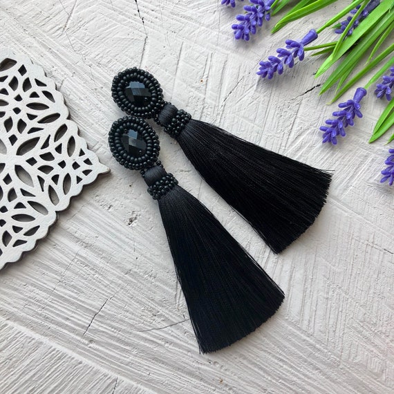 Black long tassel earrings Beaded silk tassels Chandelier boho Etsy