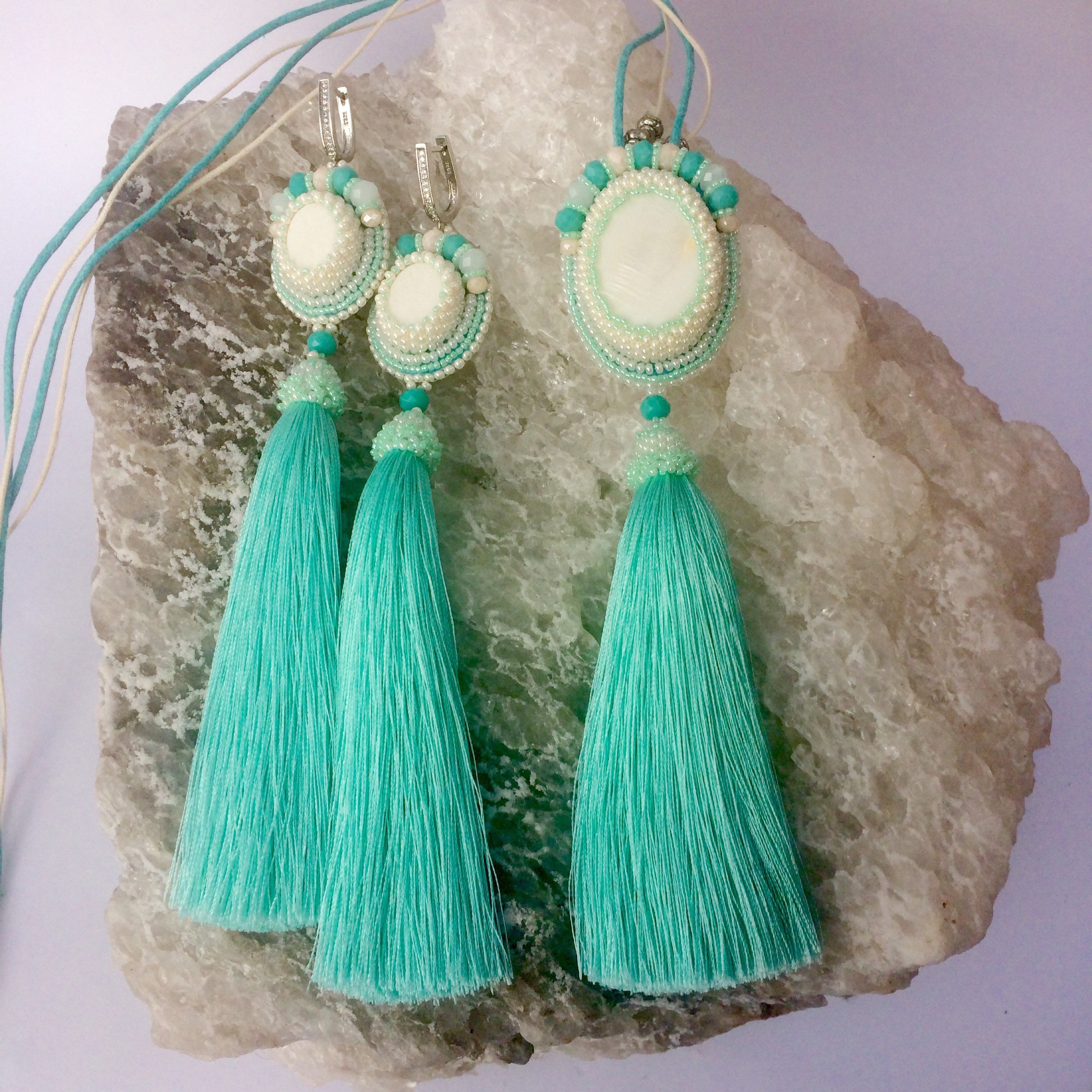 Mermaid turquoise tassel choker necklace Gift for women Beaded | Etsy