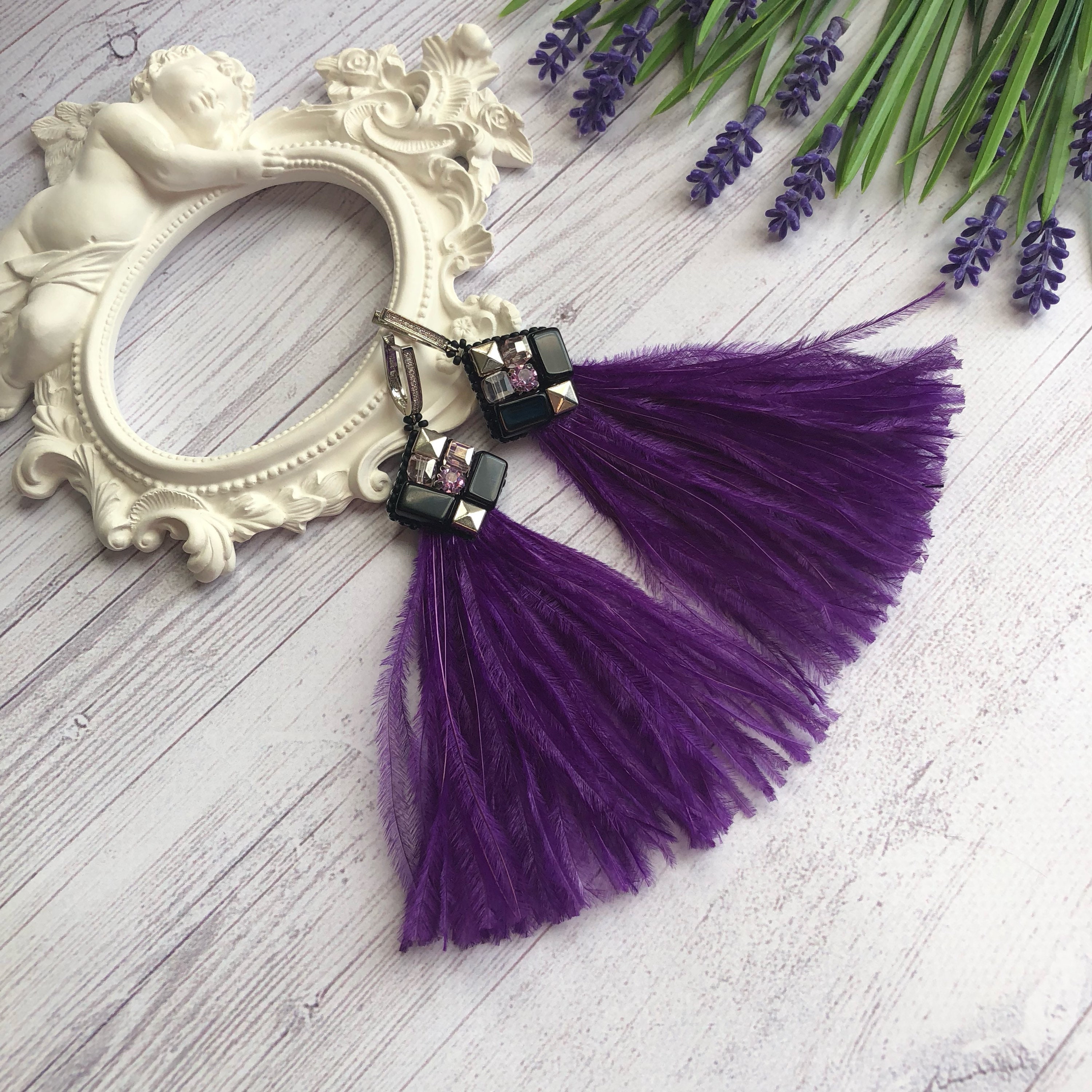 Purple long feather earrings Beaded black boho ostrich | Etsy