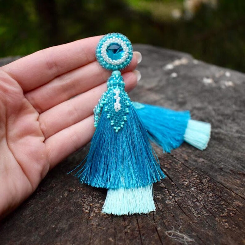 Ombre blue tassel earrings Big fall macrame earrings Christmas Etsy