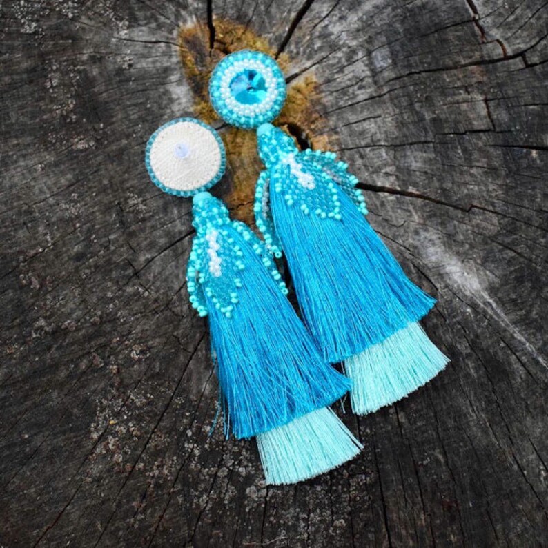 Ombre blue tassel earrings Big fall macrame earrings Christmas Etsy