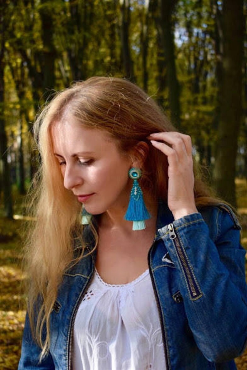 Ombre blue tassel earrings Big fall macrame earrings Christmas Etsy