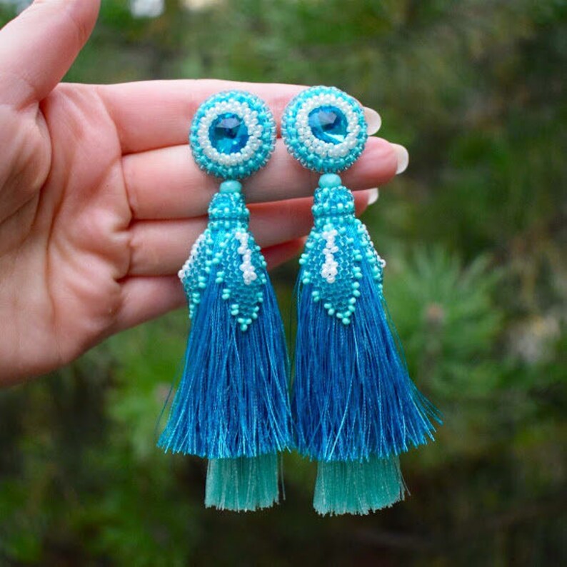 Ombre blue tassel earrings Big fall macrame earrings Christmas Etsy