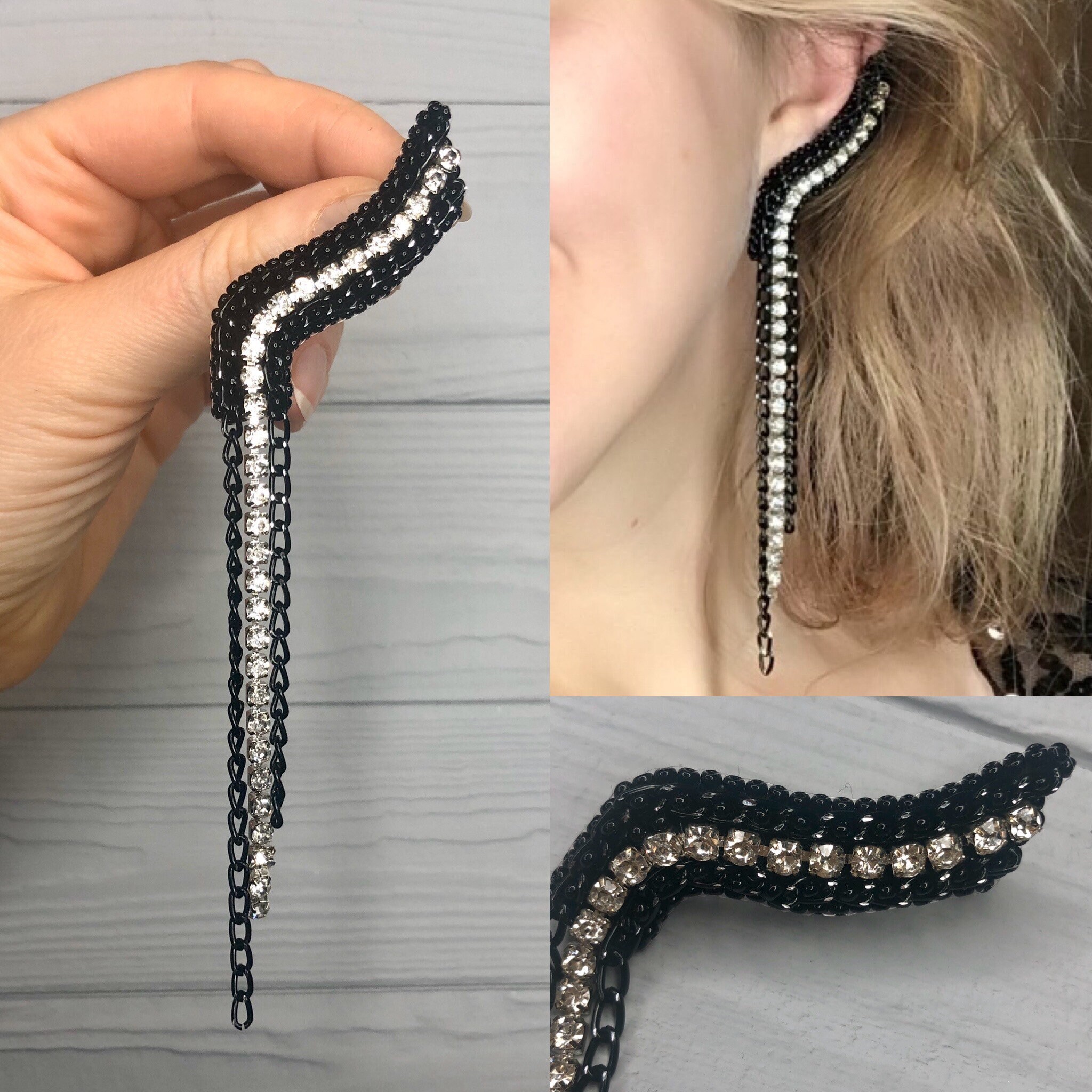 Black Chain Cuff Earrings Silver Unusual Non Pierced Ear Cuff Etsy