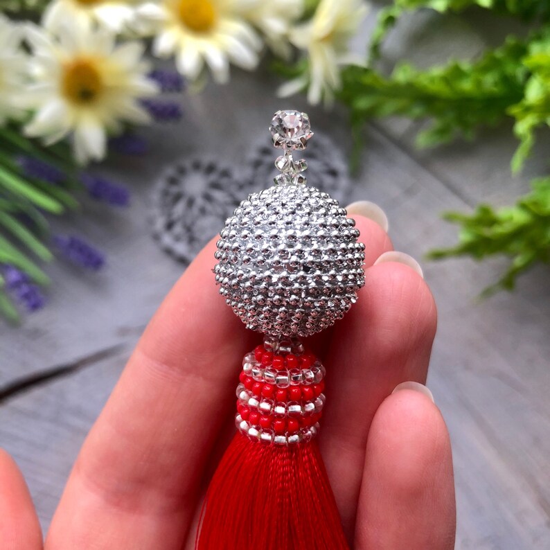 Red silk tassel earrings Beaded silver tassels Boho fringe Etsy
