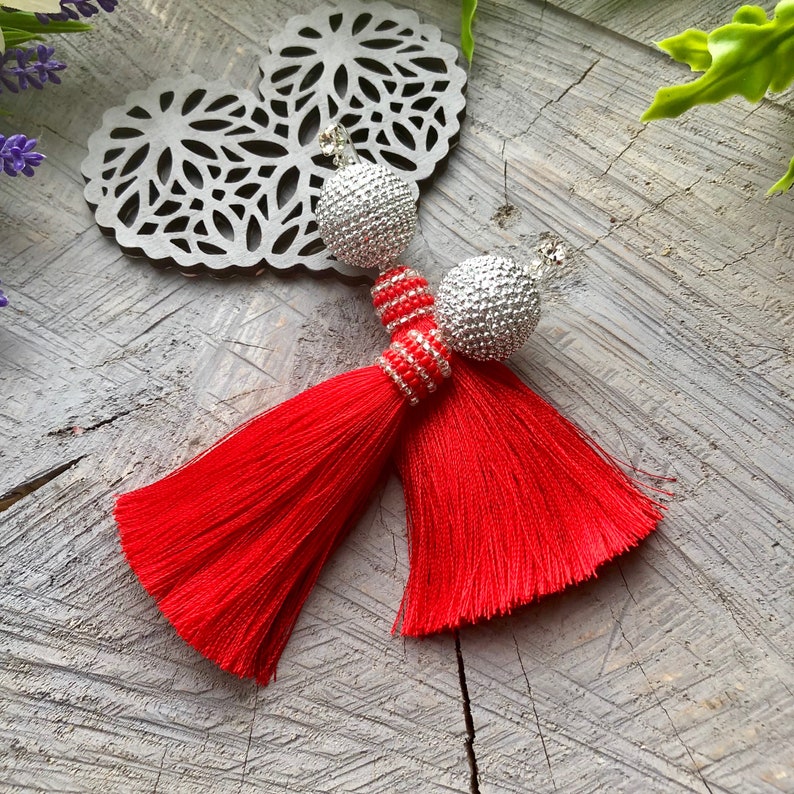 Red silk tassel earrings Beaded silver tassels Boho fringe Etsy